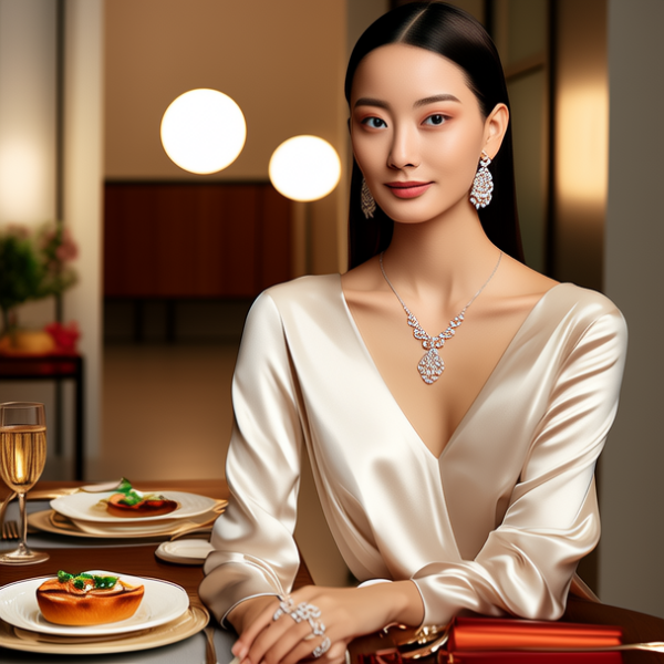 生活瞬间，美女，韩系美女，丝绸，美妆广告，家庭餐桌，4K超清，写实风格，温馨，柔和室内光，细腻皮肤，项链，耳环，手链。