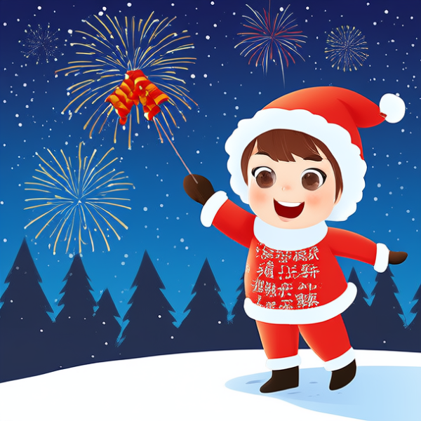 生成一张新年祝福贺卡，背景有白雪，放鞭炮的小孩