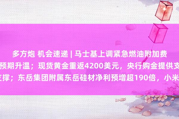 多方炮 机会速递 | 马士基上调紧急燃油附加费至20%,节后运价企稳预期升温;现货黄金重返4200美元,央行购金提供支撑;东岳集团附属东岳硅材净利预增超190倍,小米澎程上市单月锁单破7万辆